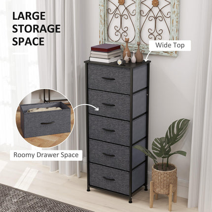 Fabric Chest of Drawers with 5 Storage Drawers, Steel Frame & Wooden Top - Dark Grey