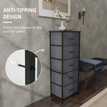 Fabric Chest of Drawers with 5 Storage Drawers, Steel Frame & Wooden Top - Dark Grey
