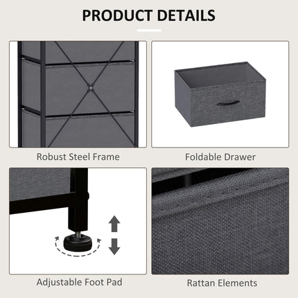 Fabric Chest of Drawers with 5 Storage Drawers, Steel Frame & Wooden Top - Dark Grey