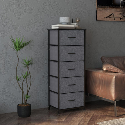 Fabric Chest of Drawers with 5 Storage Drawers, Steel Frame & Wooden Top - Dark Grey