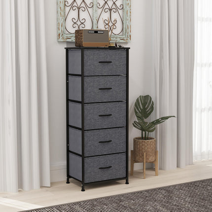Fabric Chest of Drawers with 5 Storage Drawers, Steel Frame & Wooden Top - Dark Grey