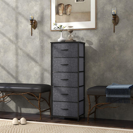 Fabric Chest of Drawers with 5 Storage Drawers, Steel Frame & Wooden Top - Dark Grey
