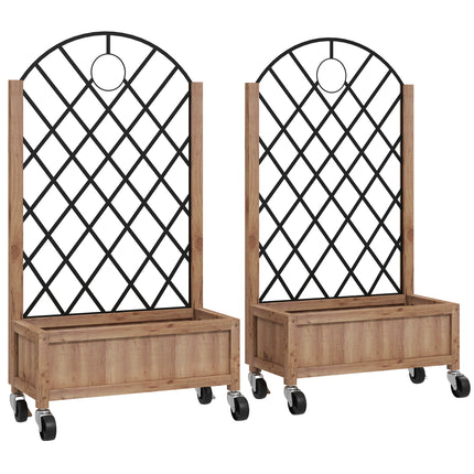 Wooden Planter with Metal Trellis and Wheels 52x25x97cm - Brown Black