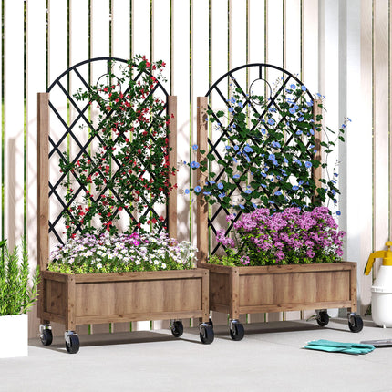 Wooden Planter with Metal Trellis and Wheels 52x25x97cm - Brown Black