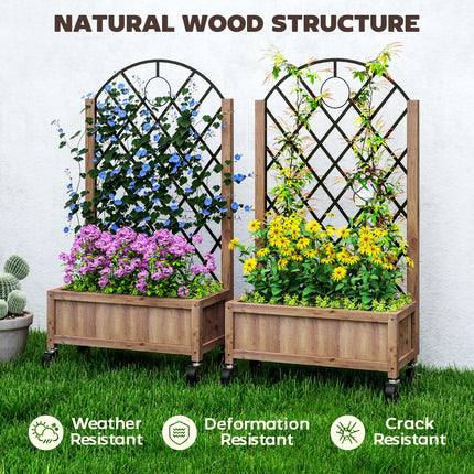 Wooden Planter with Metal Trellis and Wheels 52x25x97cm - Brown Black