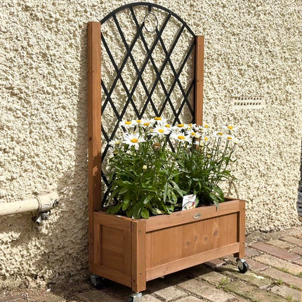 Wooden Planter with Metal Trellis and Wheels 52x25x97cm - Brown Black
