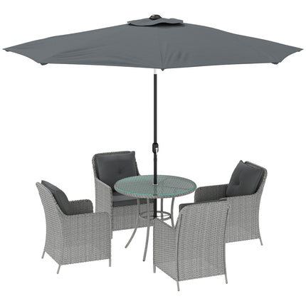 4 Seater Round Rattan Dining Set with Parasol & Cushions - Light Grey