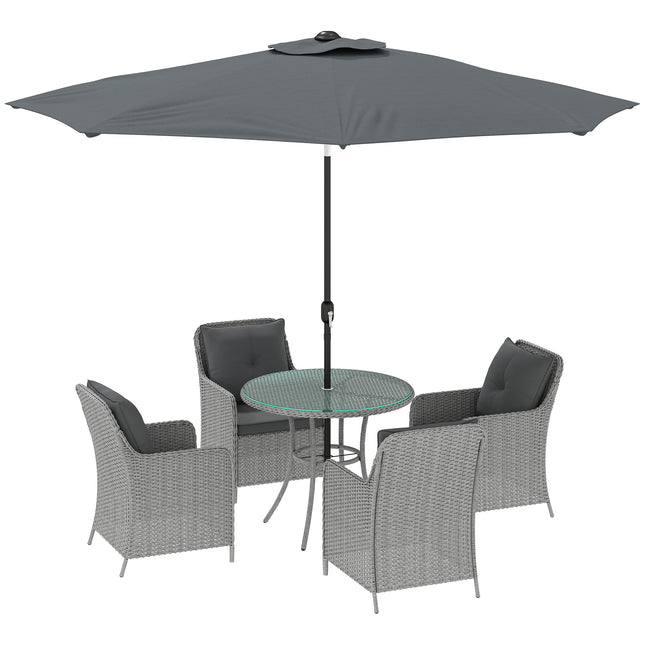 4 Seater Round Rattan Dining Set with Parasol & Cushions - Light Grey