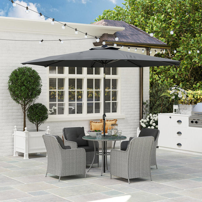 4 Seater Round Rattan Dining Set with Parasol & Cushions - Light Grey