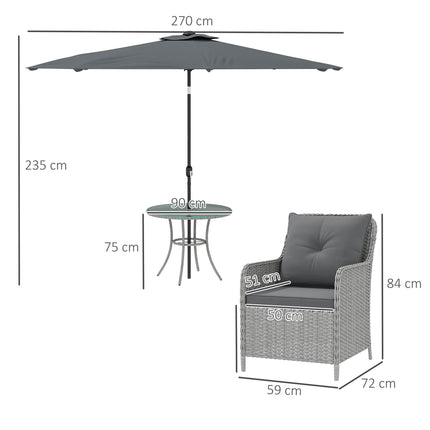 4 Seater Round Rattan Dining Set with Parasol & Cushions - Light Grey