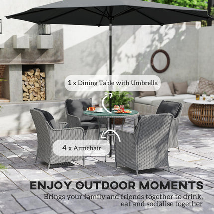 4 Seater Round Rattan Dining Set with Parasol & Cushions - Light Grey