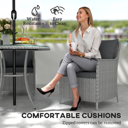 4 Seater Round Rattan Dining Set with Parasol & Cushions - Light Grey
