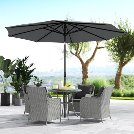 4 Seater Round Rattan Dining Set with Parasol & Cushions - Light Grey