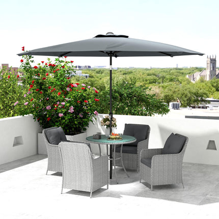 4 Seater Round Rattan Dining Set with Parasol & Cushions - Light Grey