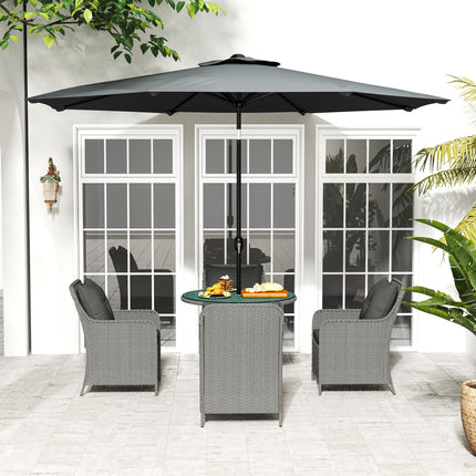 4 Seater Round Rattan Dining Set with Parasol & Cushions - Light Grey
