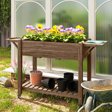 Wooden Raised Planter with Shelves 46 x 94cm - Carbonised Finish