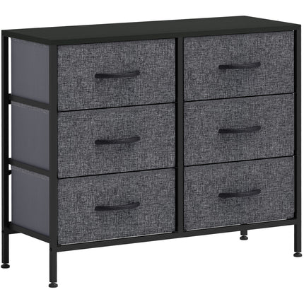 Industrial Fabric Chest of Drawers with 6 Storage Drawers, Steel Frame & Wooden Top - Black