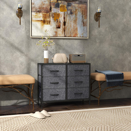 Industrial Fabric Chest of Drawers with 6 Storage Drawers, Steel Frame & Wooden Top - Black