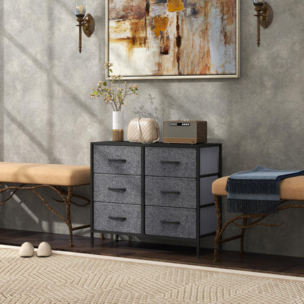 Industrial Fabric Chest of Drawers with 6 Storage Drawers, Steel Frame & Wooden Top - Black