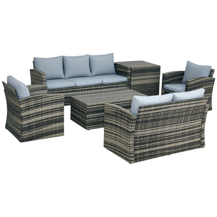 6 Piece 7 Seater Rattan Garden Furniture Set with Storage Tables & Cushions - Grey