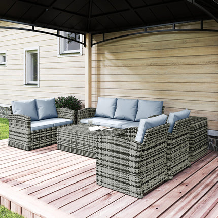 6 Piece 7 Seater Rattan Garden Furniture Set with Storage Tables & Cushions - Grey