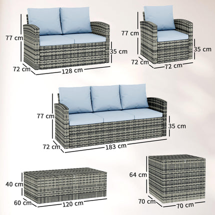 6 Piece 7 Seater Rattan Garden Furniture Set with Storage Tables & Cushions - Grey
