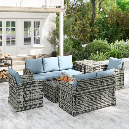 6 Piece 7 Seater Rattan Garden Furniture Set with Storage Tables & Cushions - Grey
