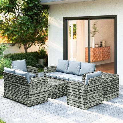 6 Piece 7 Seater Rattan Garden Furniture Set with Storage Tables & Cushions - Grey