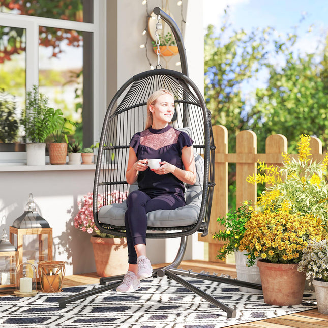 Rattan Hanging Egg Chair with Stand, Foldable Wicker Swing Egg Chair with Cushion, Head Pillow, Steel Frame, Hammock Chair for Indoor Outdoor, Capacity 150 kg, Dark Grey