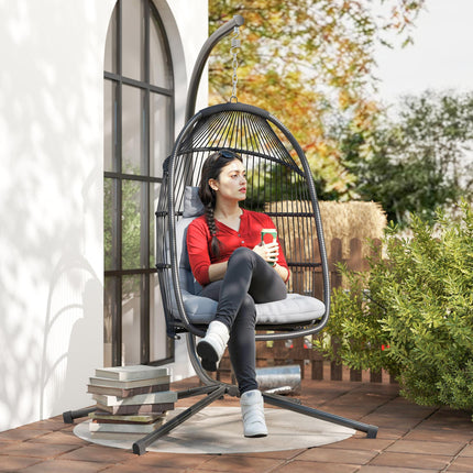 Rattan Hanging Egg Chair with Stand, Foldable Wicker Swing Egg Chair with Cushion, Head Pillow, Steel Frame, Hammock Chair for Indoor Outdoor, Capacity 150 kg, Dark Grey