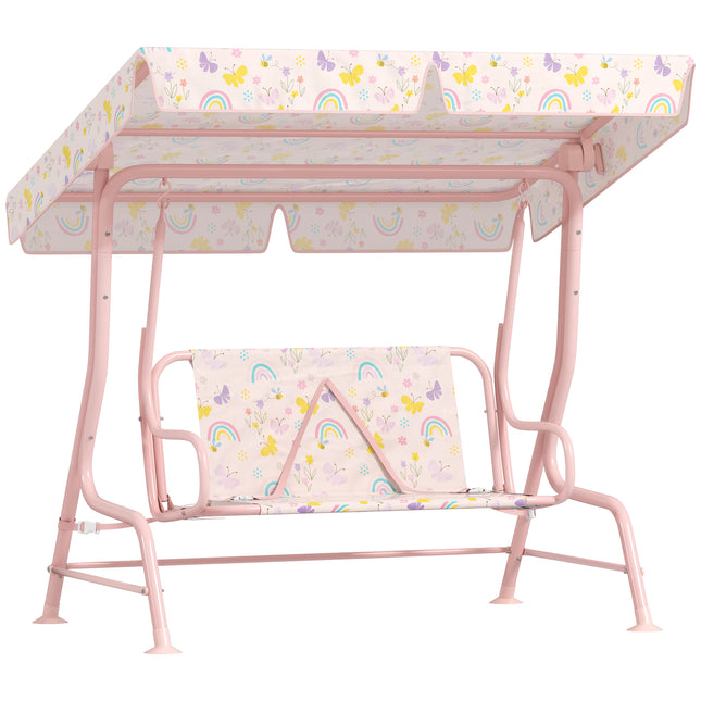 Kids 2-Seater Garden Swing Chair with Adjustable Canopy and Safety Belt - Pink