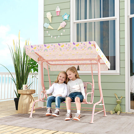 Kids 2-Seater Garden Swing Chair with Adjustable Canopy and Safety Belt - Pink