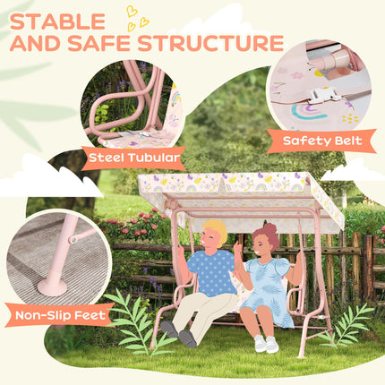 Kids 2-Seater Garden Swing Chair with Adjustable Canopy and Safety Belt - Pink