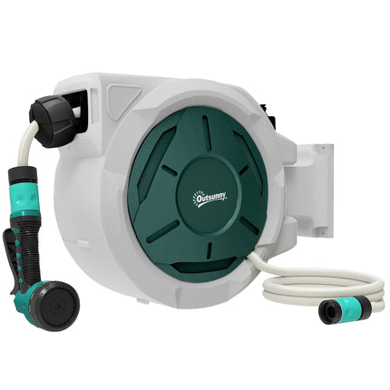 Retractable Wall Mounted Garden Hose Reel 30+2m with Lock, Auto Rewind & 7-in-1 Nozzle - Grey
