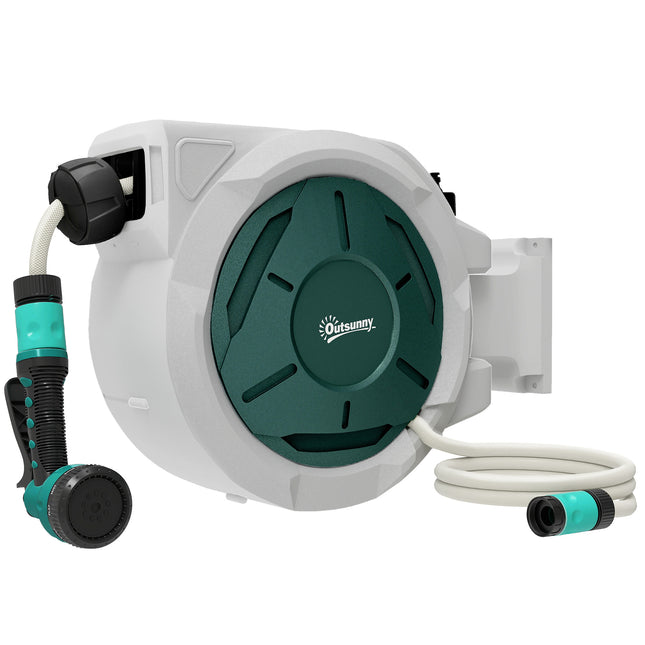 Retractable Wall Mounted Garden Hose Reel 30+2m with Lock, Auto Rewind & 7-in-1 Nozzle - Grey