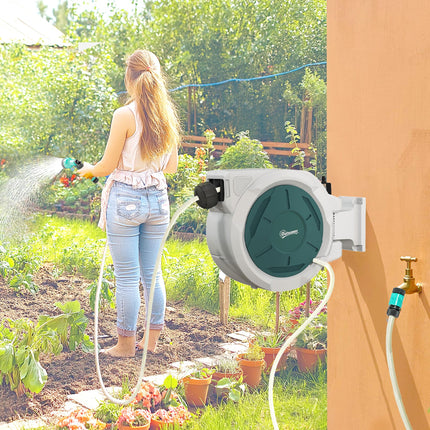 Retractable Wall Mounted Garden Hose Reel 30+2m with Lock, Auto Rewind & 7-in-1 Nozzle - Grey