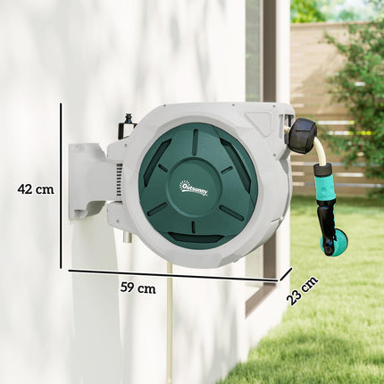 Retractable Wall Mounted Garden Hose Reel 30+2m with Lock, Auto Rewind & 7-in-1 Nozzle - Grey