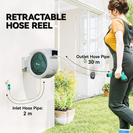 Retractable Wall Mounted Garden Hose Reel 30+2m with Lock, Auto Rewind & 7-in-1 Nozzle - Grey