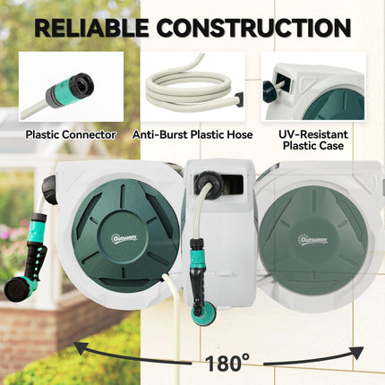 Retractable Wall Mounted Garden Hose Reel 30+2m with Lock, Auto Rewind & 7-in-1 Nozzle - Grey
