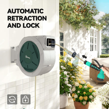 Retractable Wall Mounted Garden Hose Reel 30+2m with Lock, Auto Rewind & 7-in-1 Nozzle - Grey