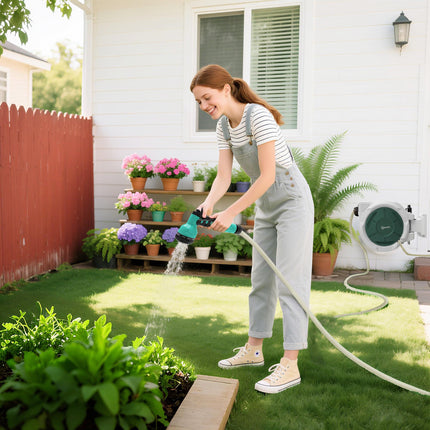 Retractable Wall Mounted Garden Hose Reel 30+2m with Lock, Auto Rewind & 7-in-1 Nozzle - Grey