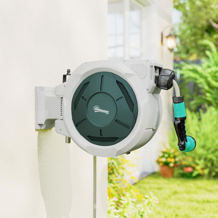 Retractable Wall Mounted Garden Hose Reel 30+2m with Lock, Auto Rewind & 7-in-1 Nozzle - Grey