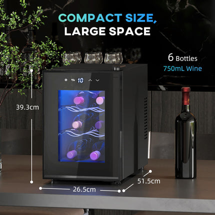Six Bottle Countertop Wine Fridge with 8-18℃ Temperature Control - Black
