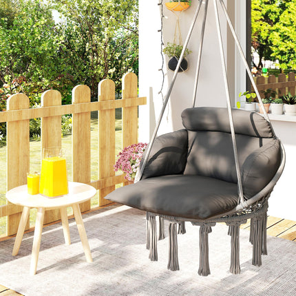 Hanging Hammock Chair with Soft Cushion Set and Steel Frame - Dark Grey