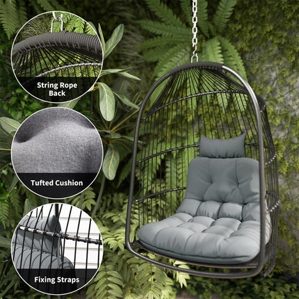 Foldable Hanging Egg Chair with Cushion, Headrest & Installation Kit for Indoor Outdoor - Dark Grey
