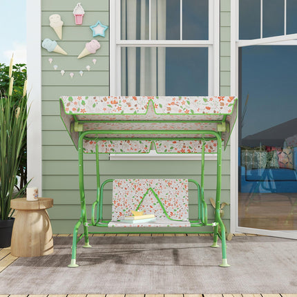 2 Seater Kids Garden Swing Bench with Adjustable Canopy - Green
