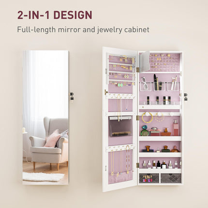 Lockable 108 x 37cm Jewellery Cabinet with LED Lights and Mirror - White Pink