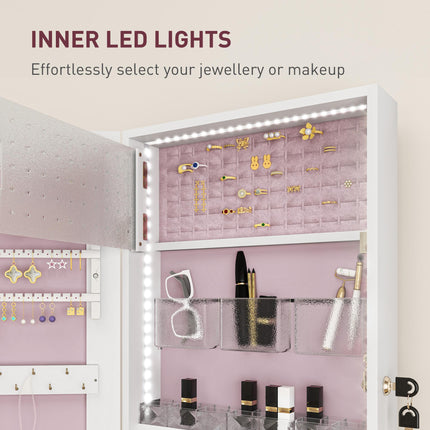 Lockable 108 x 37cm Jewellery Cabinet with LED Lights and Mirror - White Pink