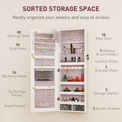 Lockable 108 x 37cm Jewellery Cabinet with LED Lights and Mirror - White Pink