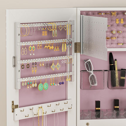 Lockable 108 x 37cm Jewellery Cabinet with LED Lights and Mirror - White Pink